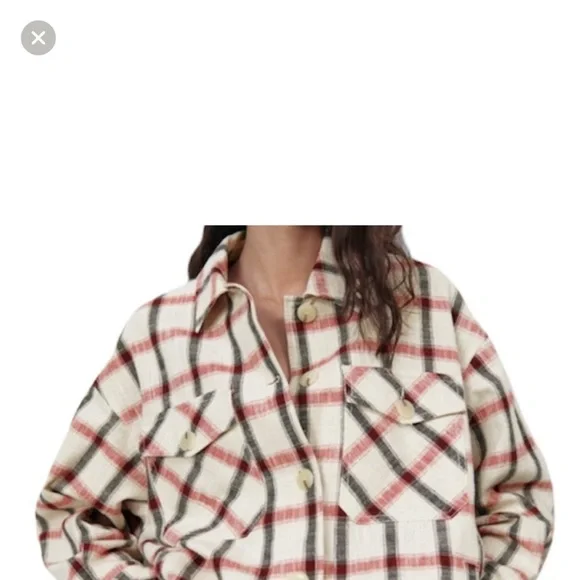 Zara Cream Red Black Plaid Overshirt Shacket Jacket - Picture 2 of 7